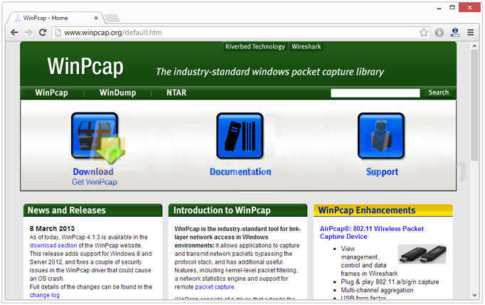 Сайт программы WinPcap