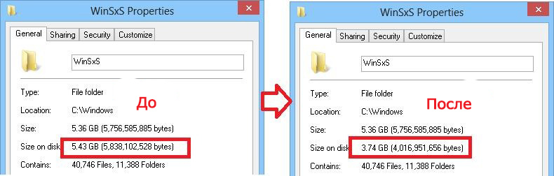Сравнение размеров папки winsxs до и после сжатия